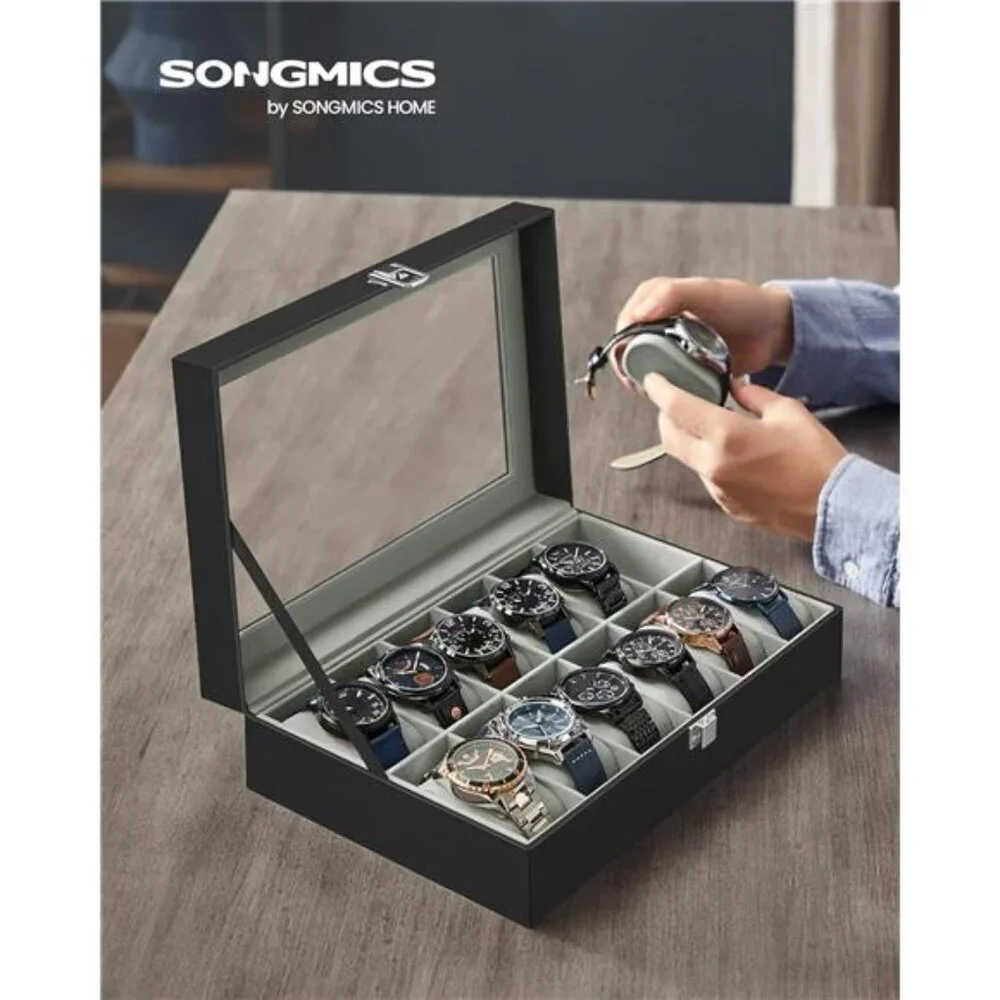 Watch Box, 12-Slot Watch Case Organizer with Large Glass Lid, Removable Pillows
